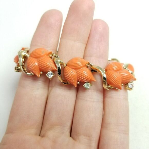 Vintage Lisner Bright Orange Leaf Rhinestone Link Bracelet, Retro 50s 60s Style - Picture 1 of 7